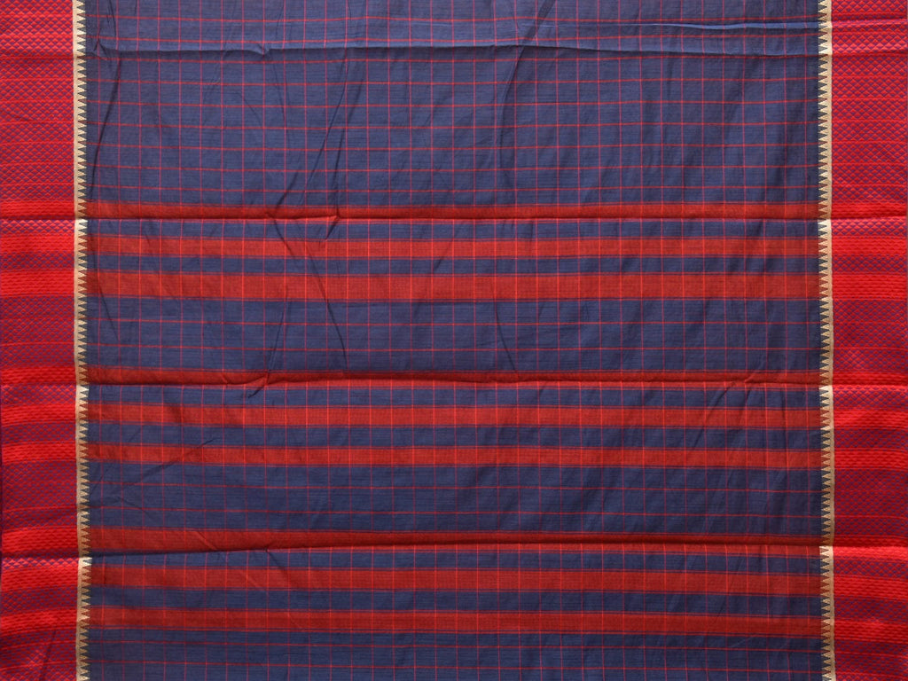 Dark Blue and Red Bamboo Cotton Saree with Big Checks Design No Blouse - Global Threads | Grocsy