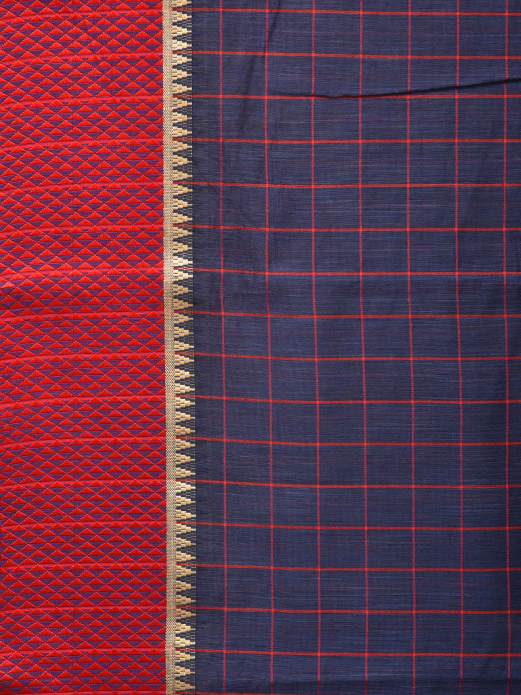 Dark Blue and Red Bamboo Cotton Saree with Big Checks Design No Blouse - Global Threads | Grocsy