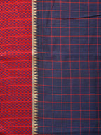 Dark Blue and Red Bamboo Cotton Saree with Big Checks Design No Blouse - Global Threads | Grocsy