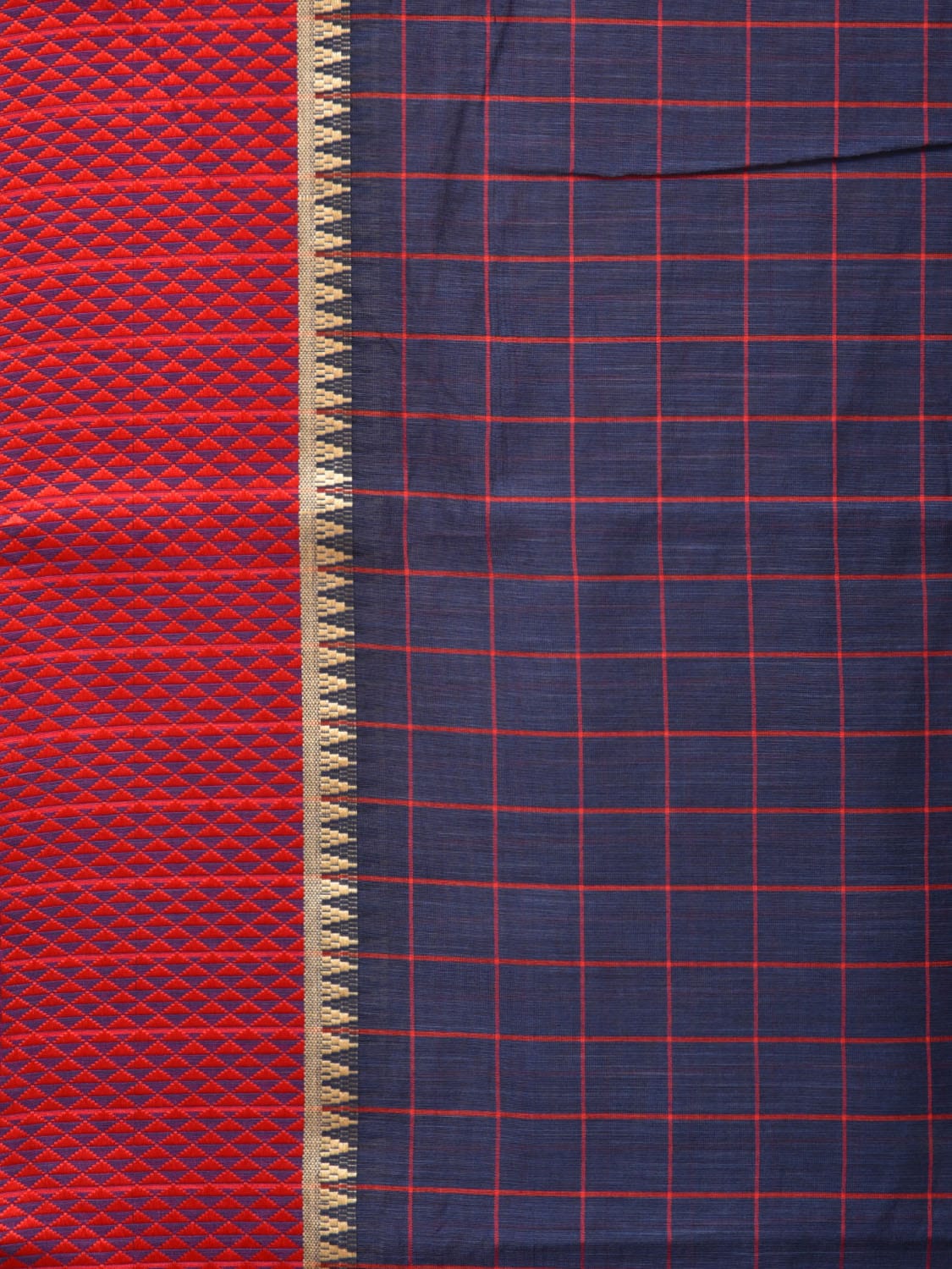 Dark Blue and Red Bamboo Cotton Saree with Big Checks Design No Blouse - Global Threads | Grocsy