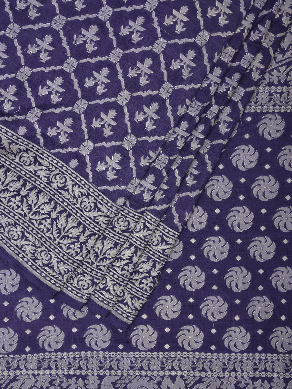 Dark Blue Cut Work Tussar Cotton Handloom Saree with All Over Jamdani Style Design - Global Threads | Grocsy