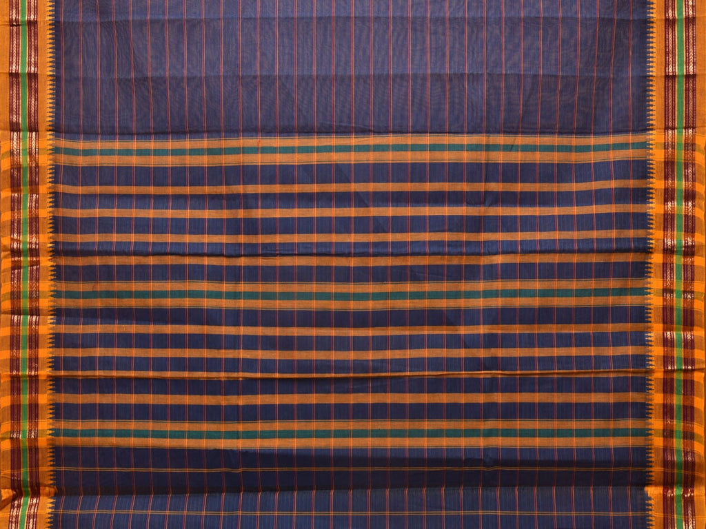 Dark Blue Narayanpet Cotton Handloom Saree with Strips Design No Blouse - Global Threads | Grocsy