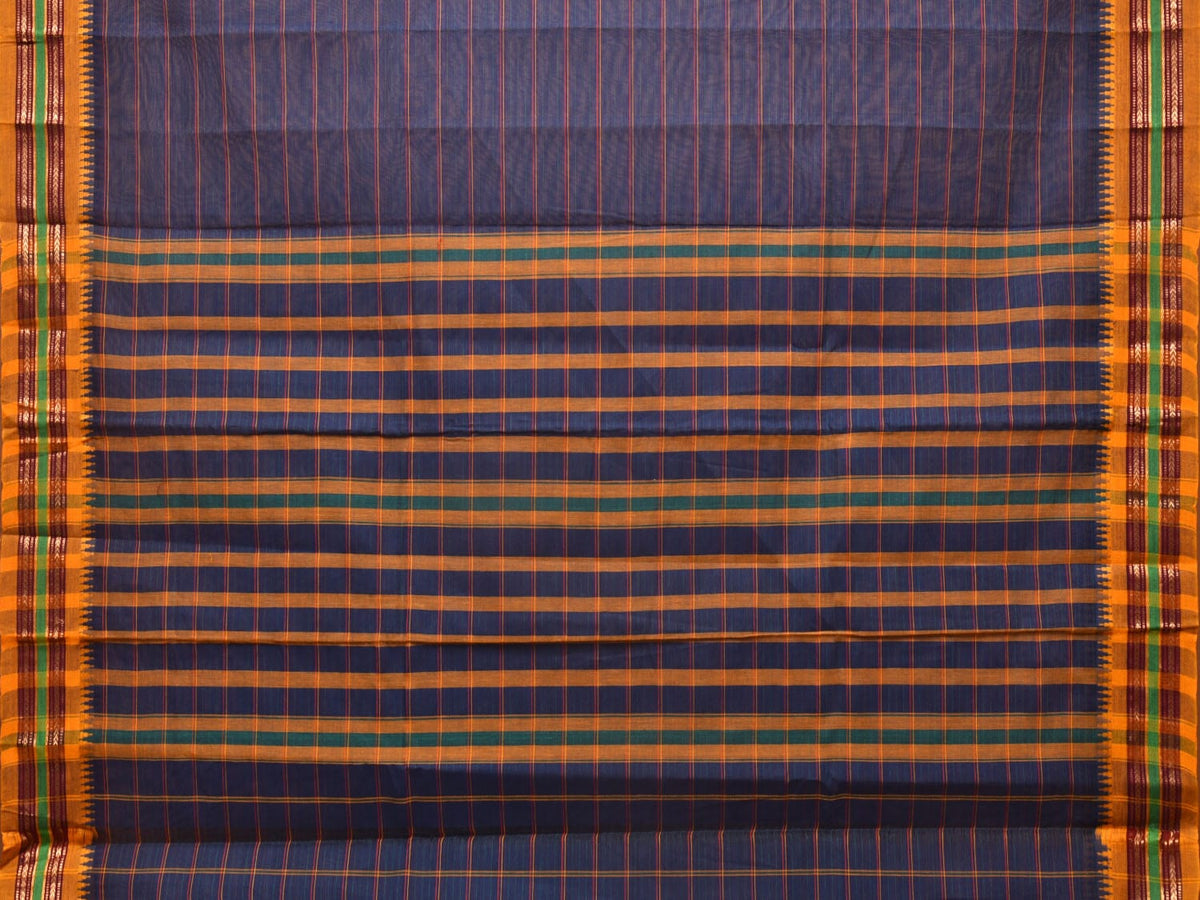 Dark Blue Narayanpet Cotton Handloom Saree with Strips Design No Blouse - Global Threads | Grocsy