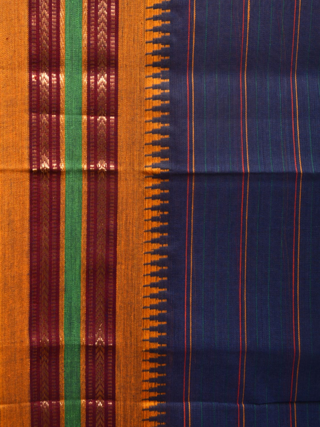 Dark Blue Narayanpet Cotton Handloom Saree with Strips Design No Blouse - Global Threads | Grocsy