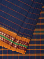 Dark Blue Narayanpet Cotton Handloom Saree with Strips Design No Blouse - Global Threads | Grocsy