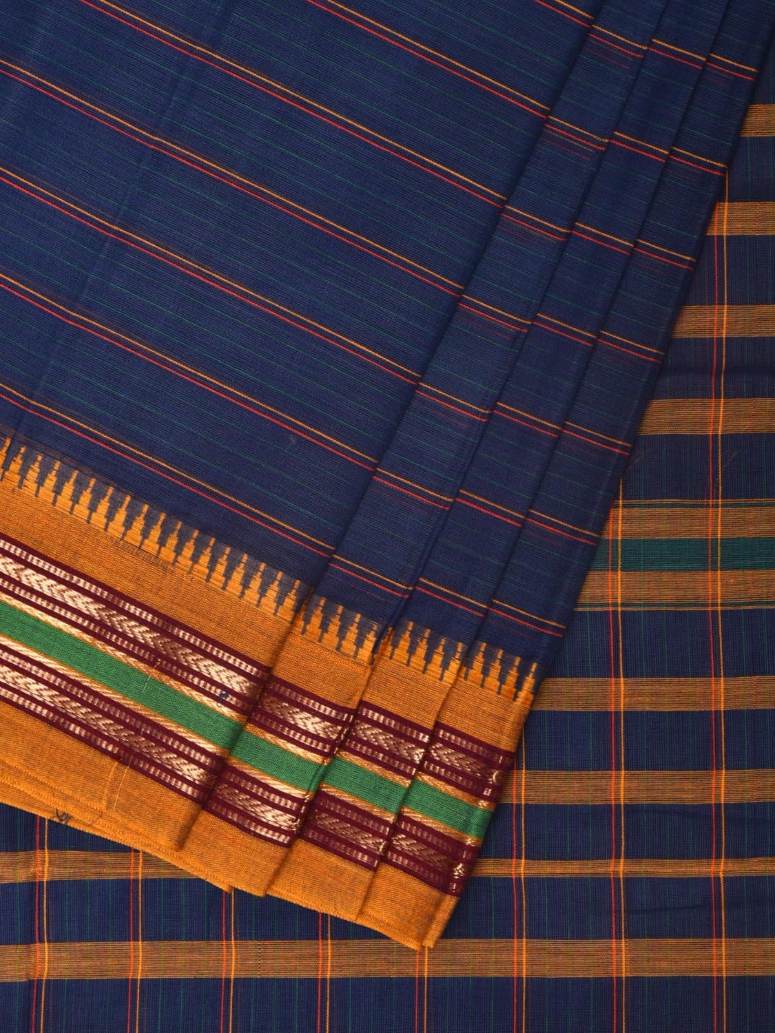 Dark Blue Narayanpet Cotton Handloom Saree with Strips Design No Blouse - Global Threads | Grocsy