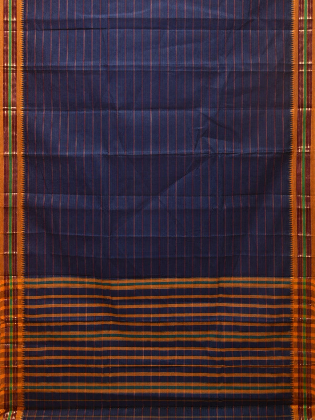 Dark Blue Narayanpet Cotton Handloom Saree with Strips Design No Blouse - Global Threads | Grocsy