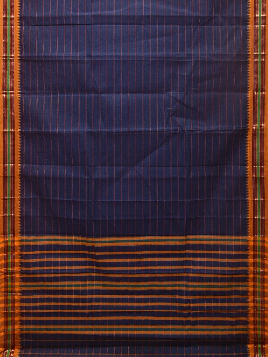 Dark Blue Narayanpet Cotton Handloom Saree with Strips Design No Blouse - Global Threads | Grocsy