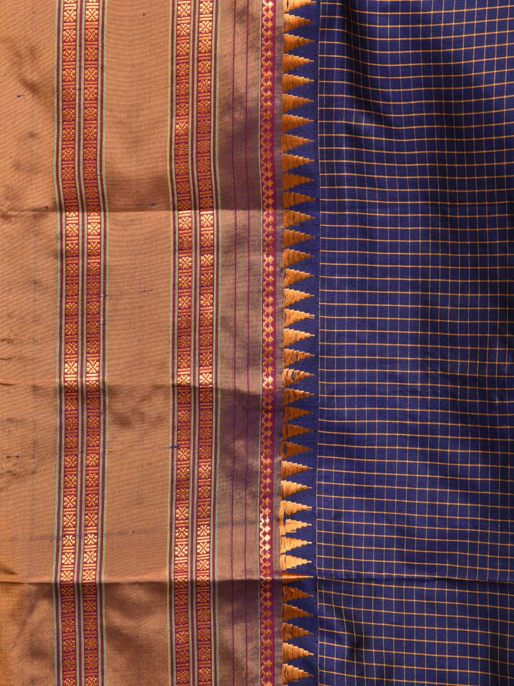 Dark Blue Narayanpet Silk Handloom Saree with Checks Design No Blouse - Global Threads | Grocsy