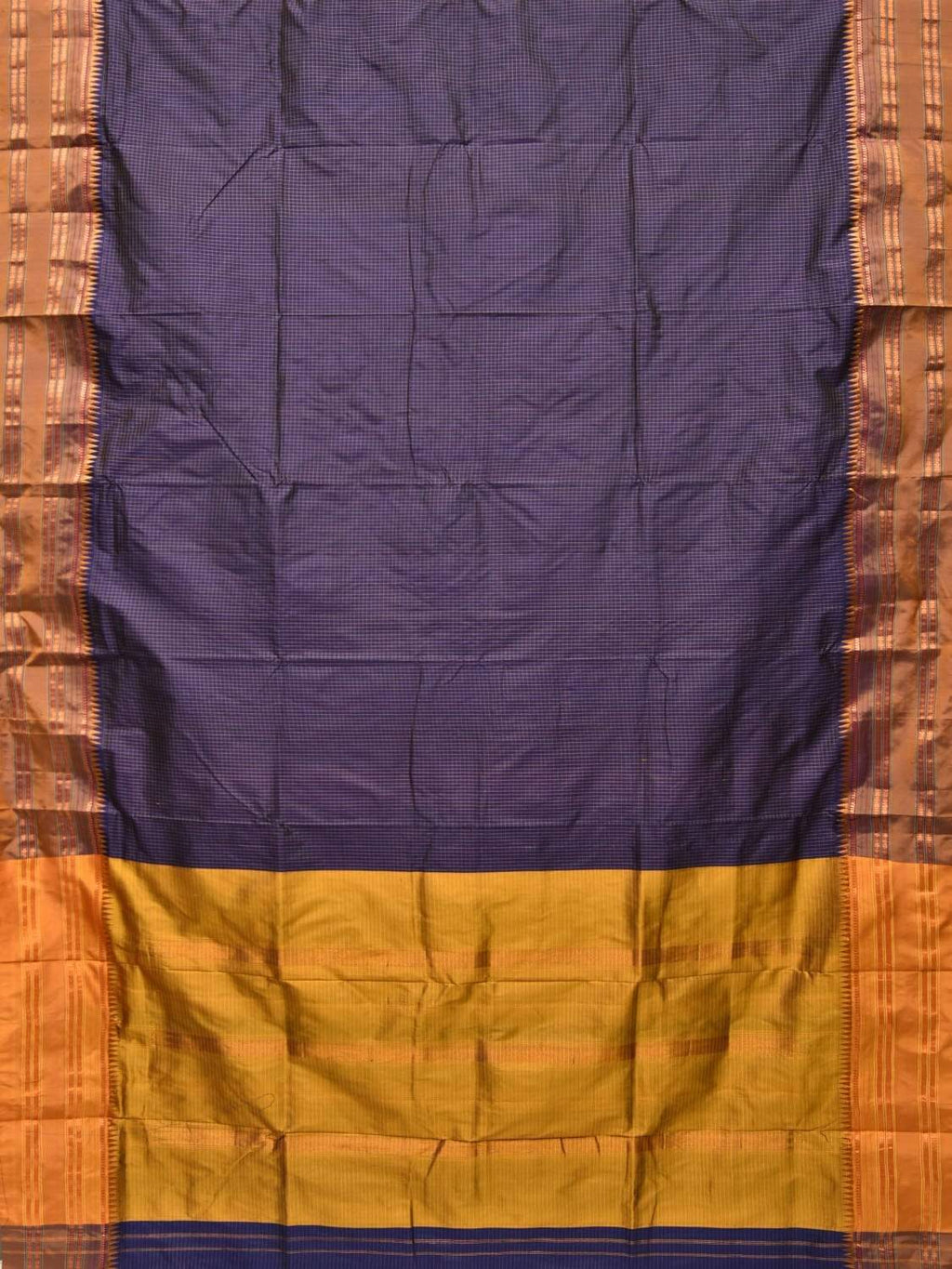 Dark Blue Narayanpet Silk Handloom Saree with Checks Design No Blouse - Global Threads | Grocsy