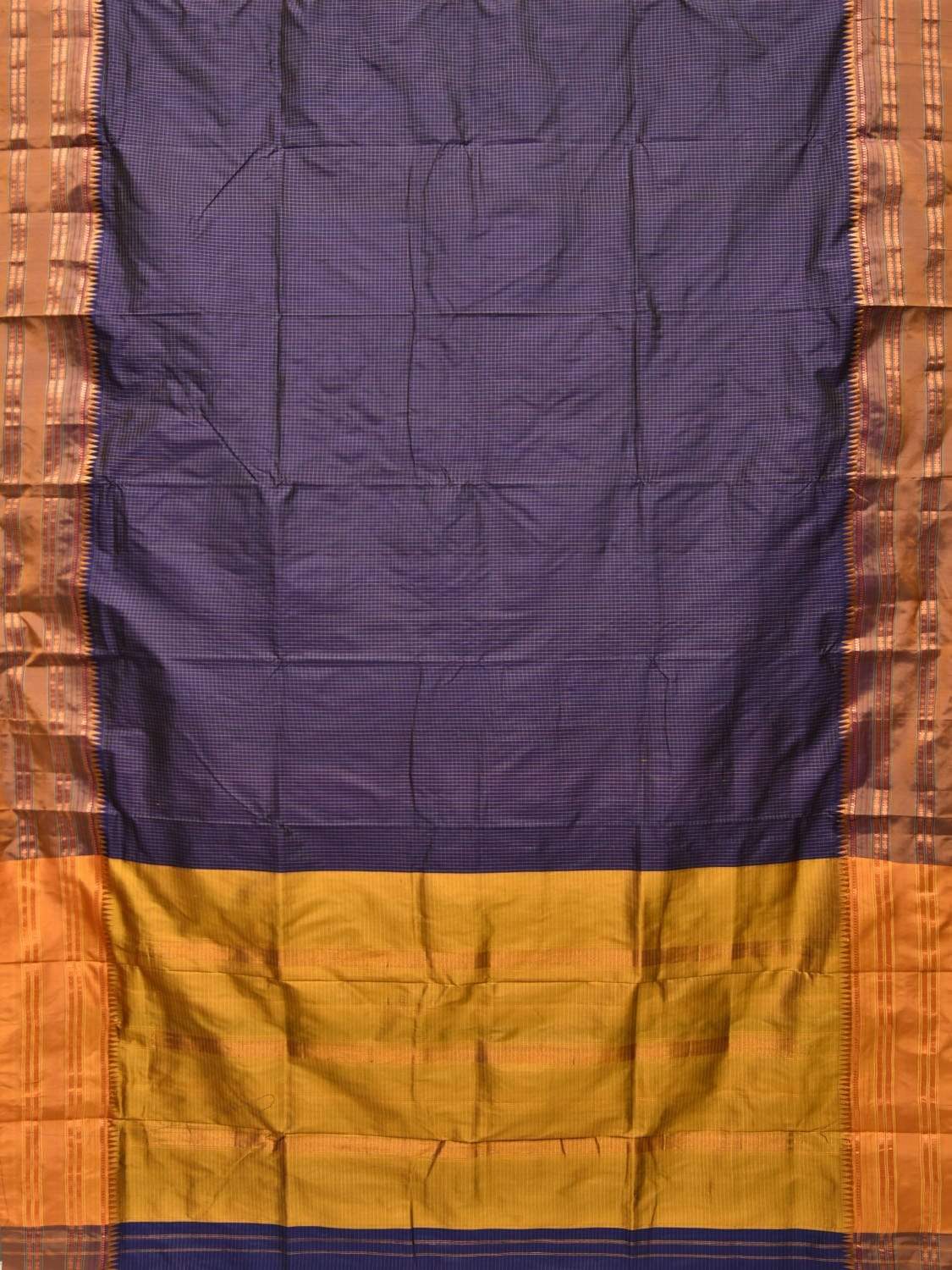 Dark Blue Narayanpet Silk Handloom Saree with Checks Design No Blouse - Global Threads | Grocsy