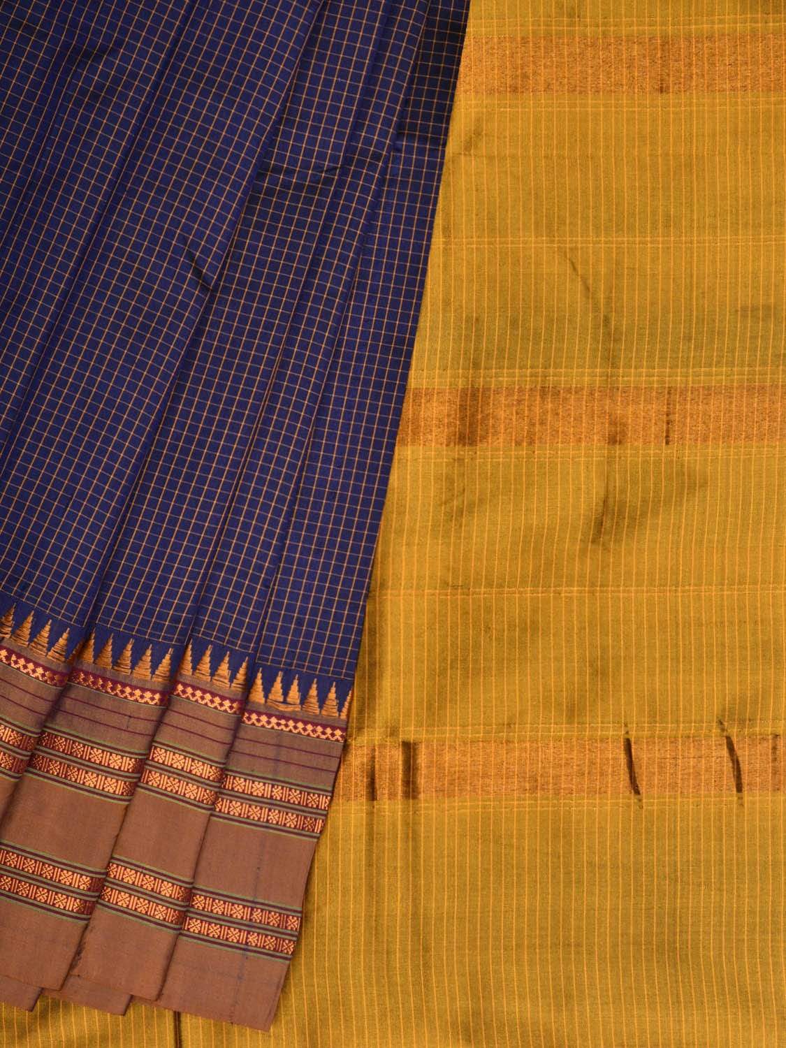 Dark Blue Narayanpet Silk Handloom Saree with Checks Design No Blouse - Global Threads | Grocsy