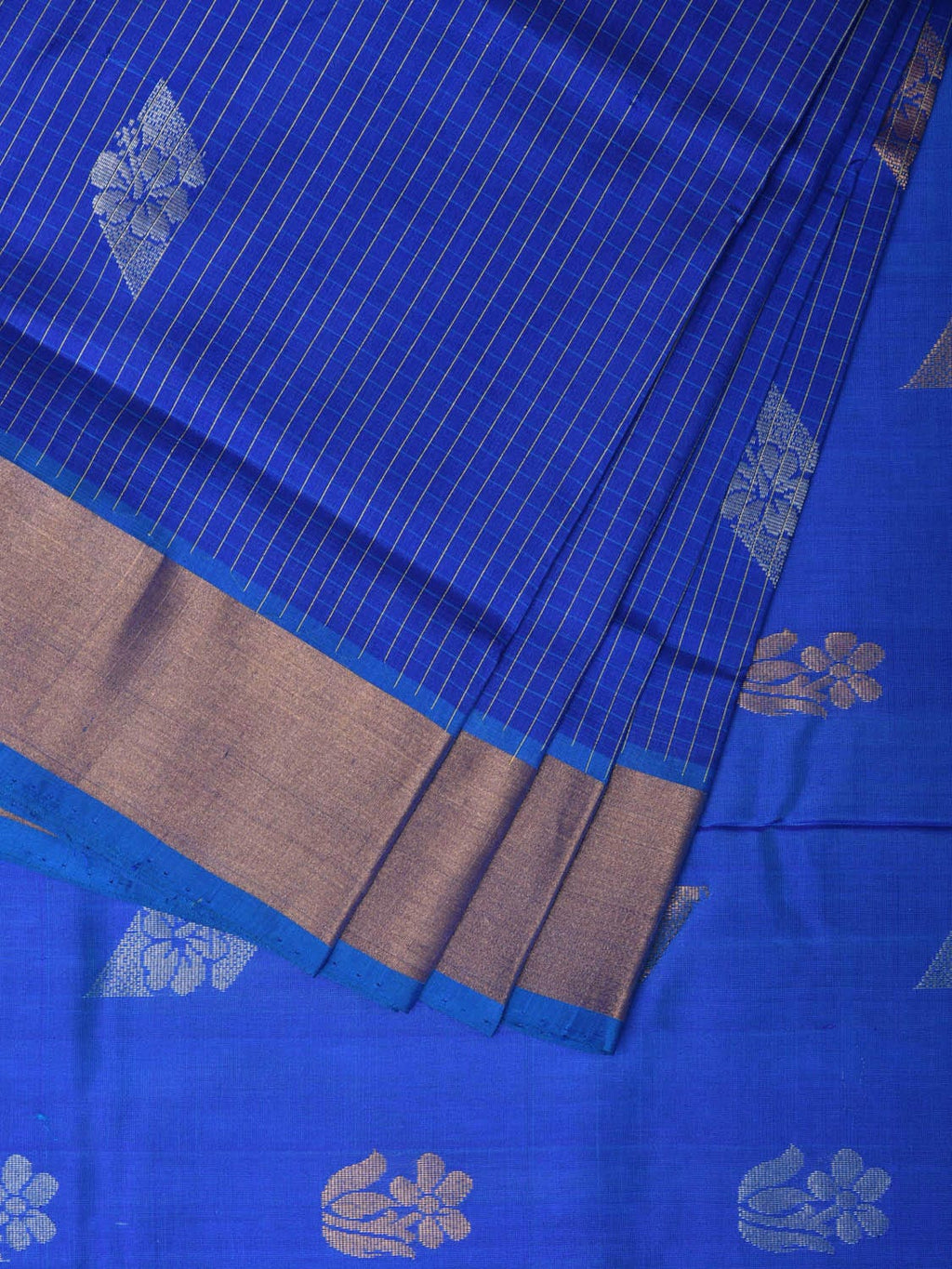 Dark Blue Uppada Silk Handloom Saree with Body Buta and Checks Design - Global Threads | Grocsy