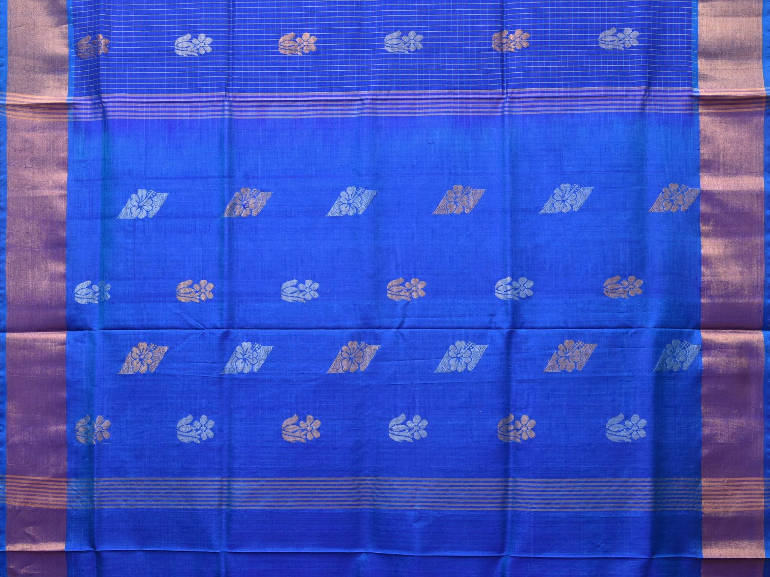 Dark Blue Uppada Silk Handloom Saree with Body Buta and Checks Design - Global Threads | Grocsy