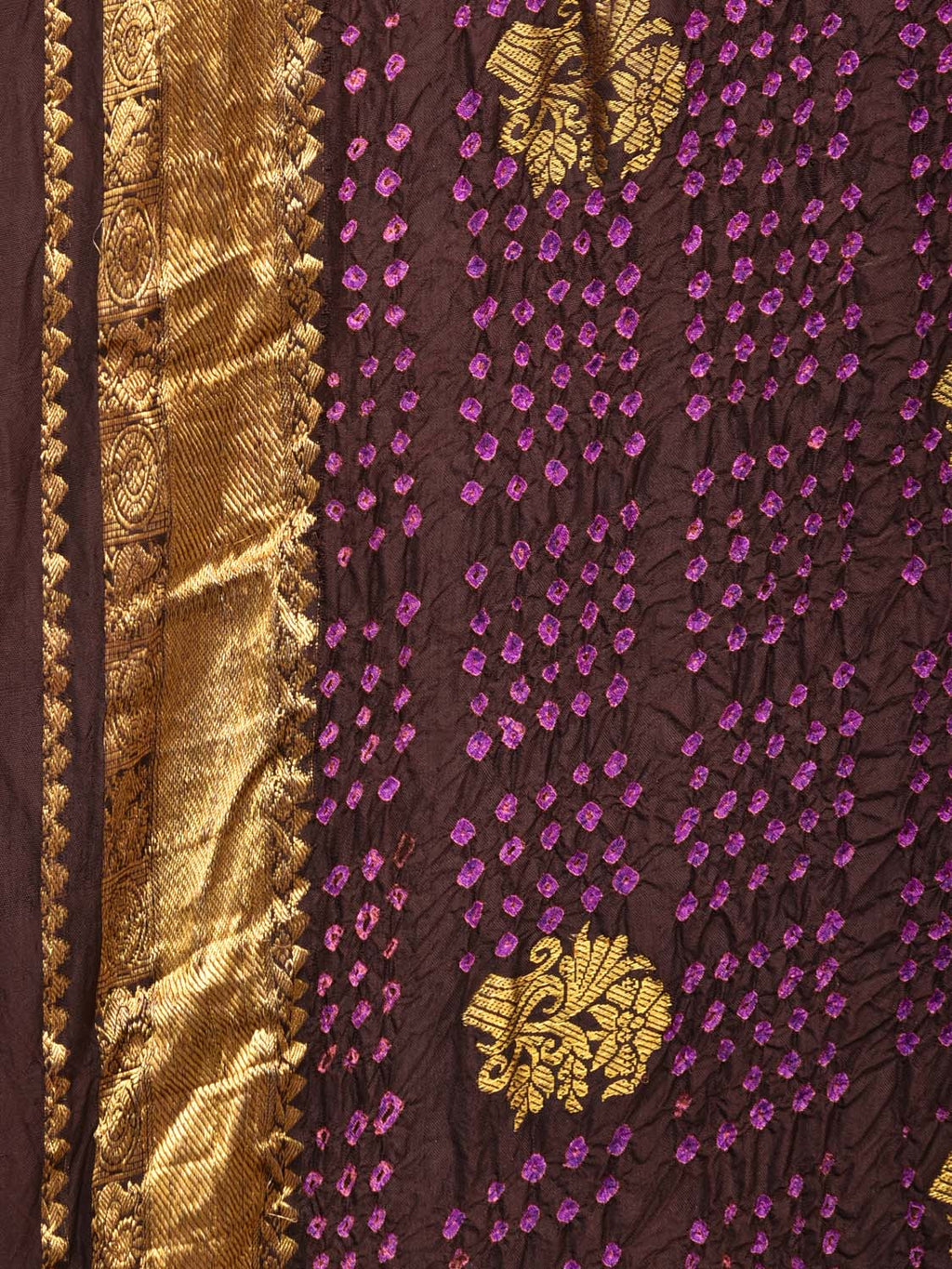 Dark Brown Bandhani Kanchipuram Silk Handloom Saree with Mango Pallu Design - Global Threads | Grocsy