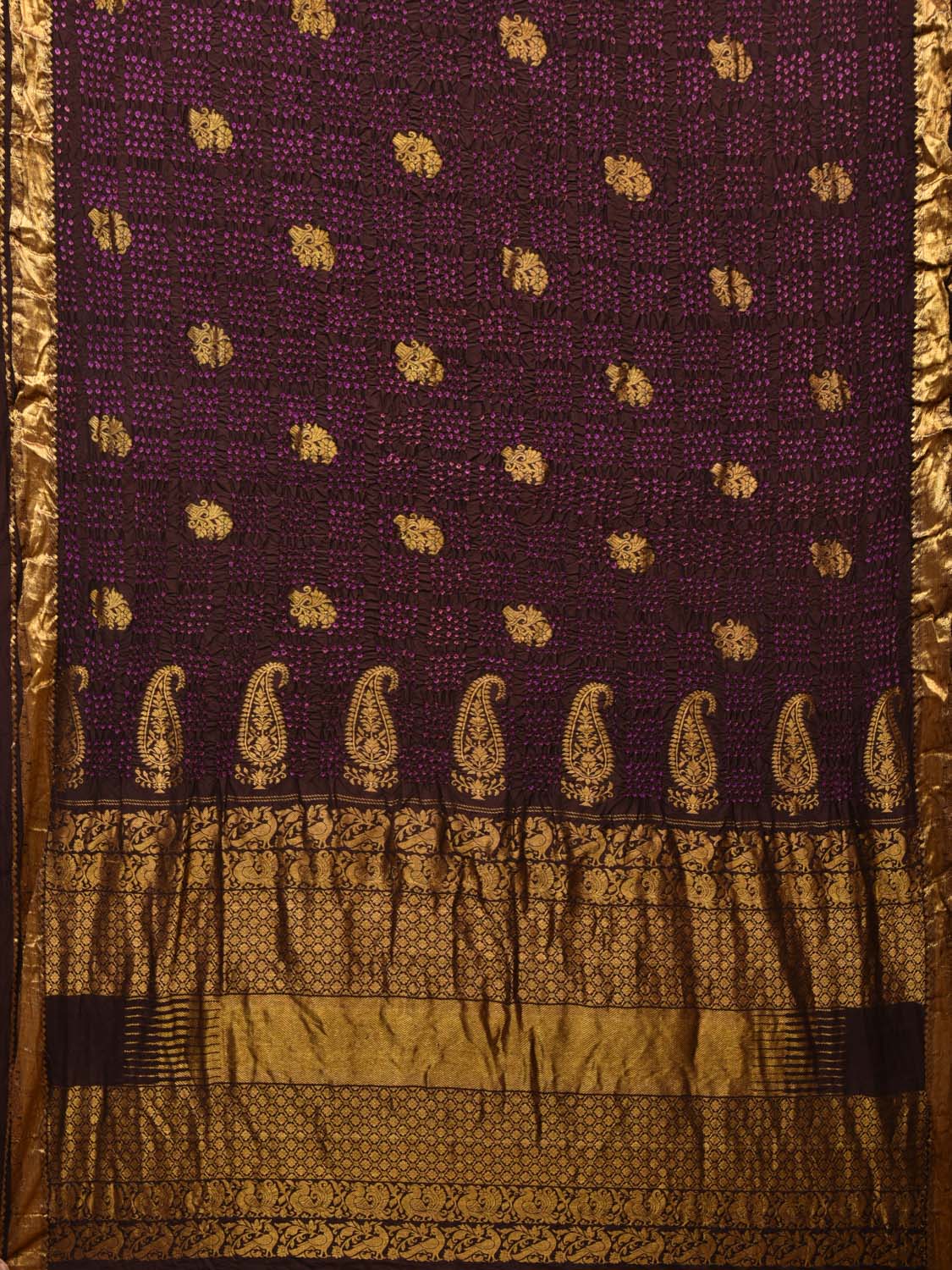 Dark Brown Bandhani Kanchipuram Silk Handloom Saree with Mango Pallu Design - Global Threads | Grocsy