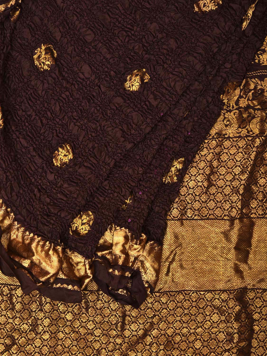 Dark Brown Bandhani Kanchipuram Silk Handloom Saree with Mango Pallu Design - Global Threads | Grocsy