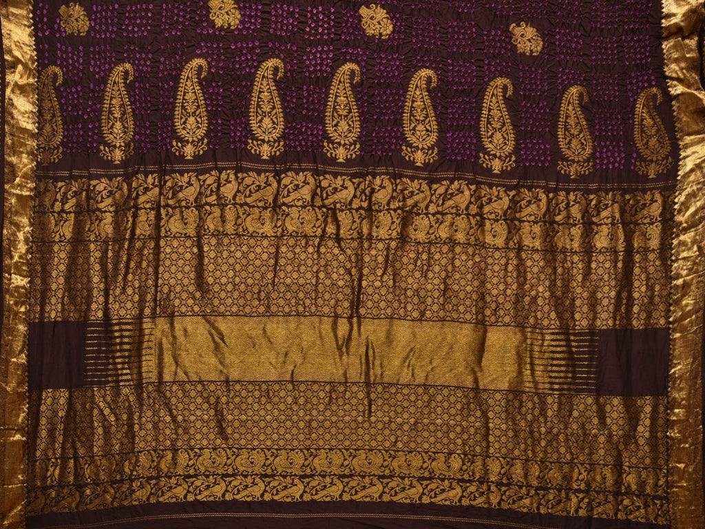 Dark Brown Bandhani Kanchipuram Silk Handloom Saree with Mango Pallu Design - Global Threads | Grocsy