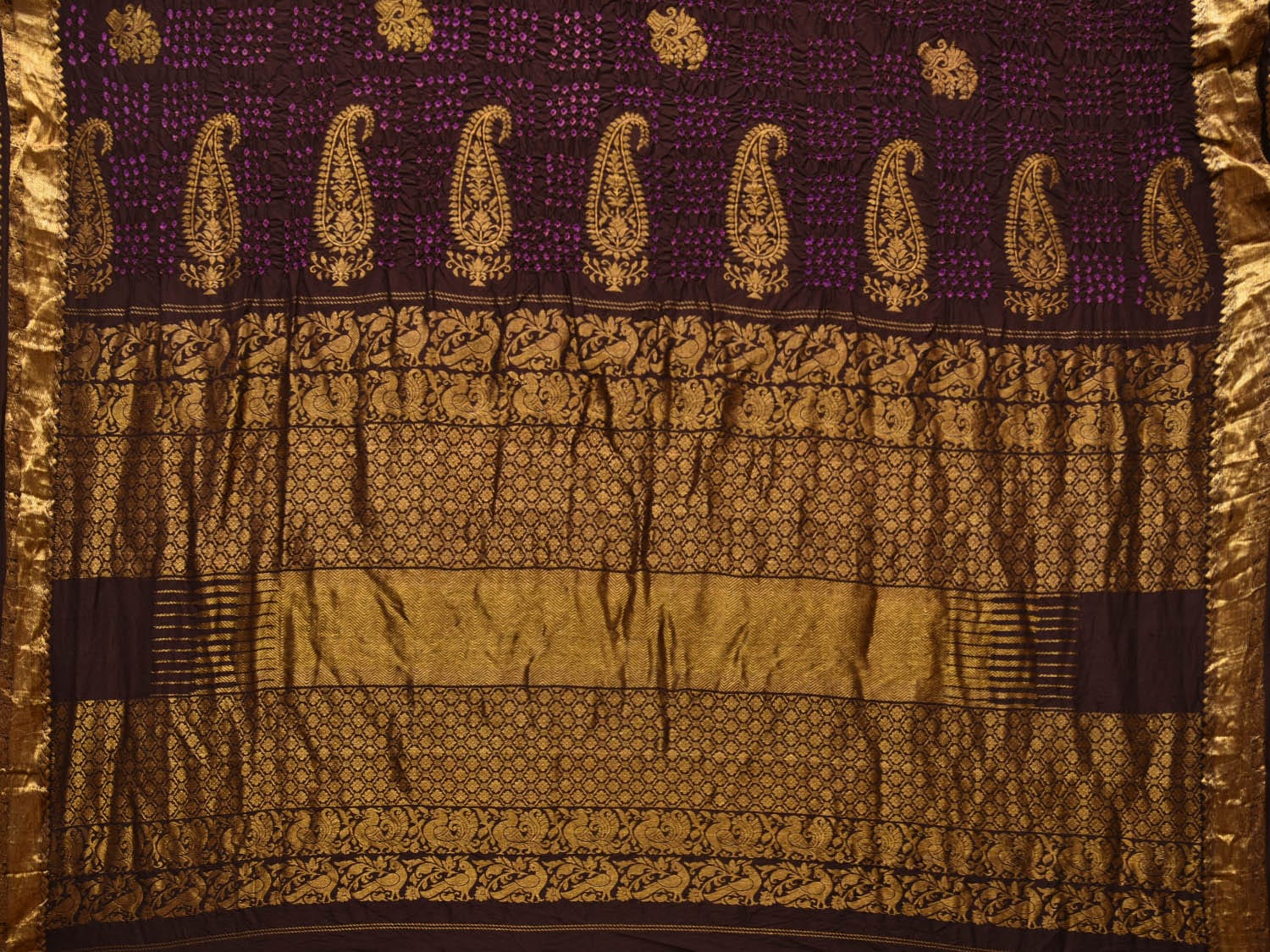 Dark Brown Bandhani Kanchipuram Silk Handloom Saree with Mango Pallu Design - Global Threads | Grocsy