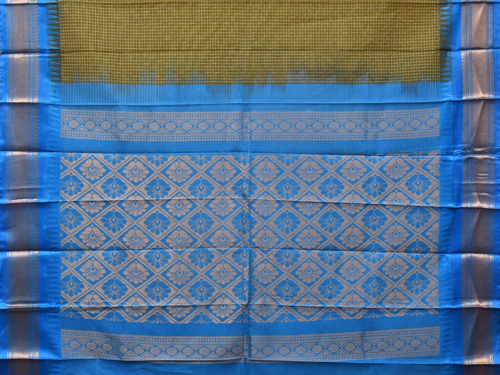 Dark Green and Blue Gadwal Cotton Plain Saree with Checks and Pallu Design No Blouse - Global Threads | Grocsy