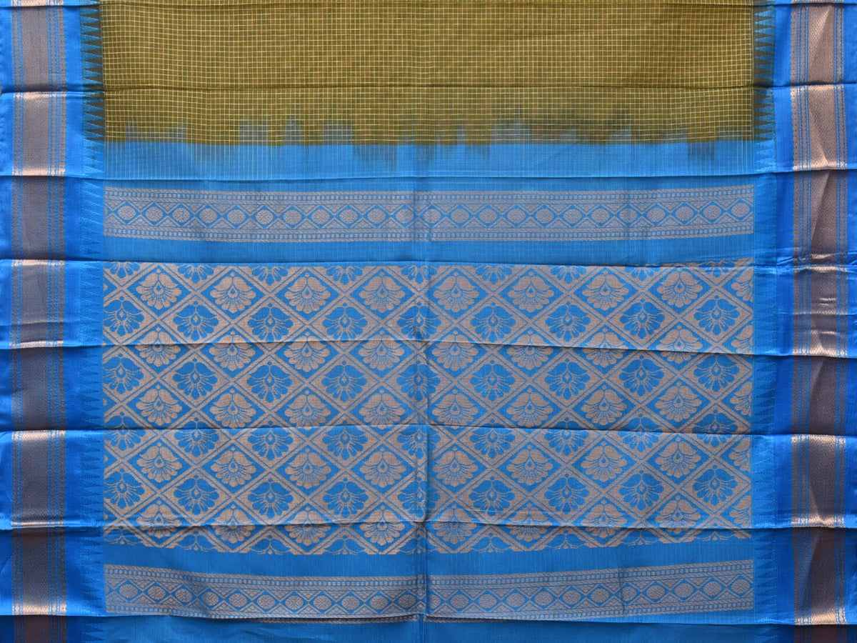 Dark Green and Blue Gadwal Cotton Plain Saree with Checks and Pallu Design No Blouse - Global Threads | Grocsy