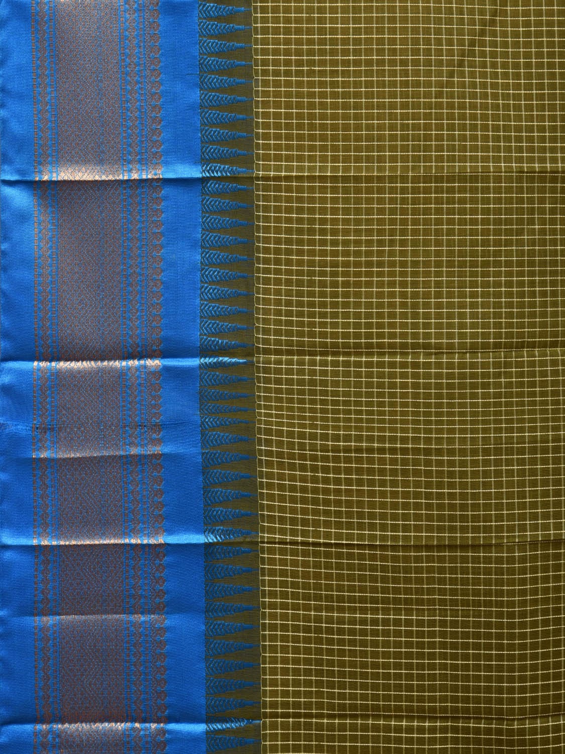 Dark Green and Blue Gadwal Cotton Plain Saree with Checks and Pallu Design No Blouse - Global Threads | Grocsy