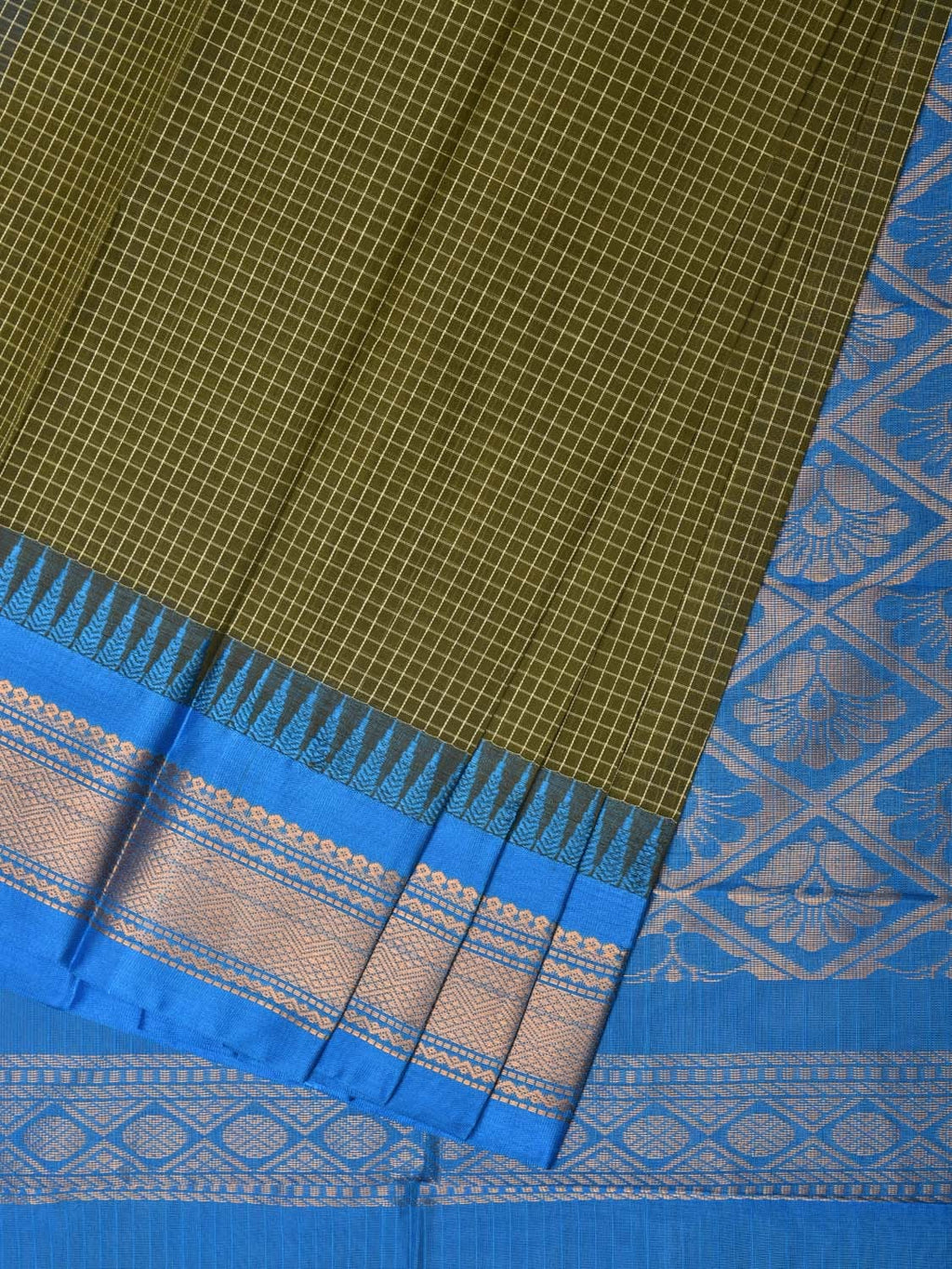 Dark Green and Blue Gadwal Cotton Plain Saree with Checks and Pallu Design No Blouse - Global Threads | Grocsy
