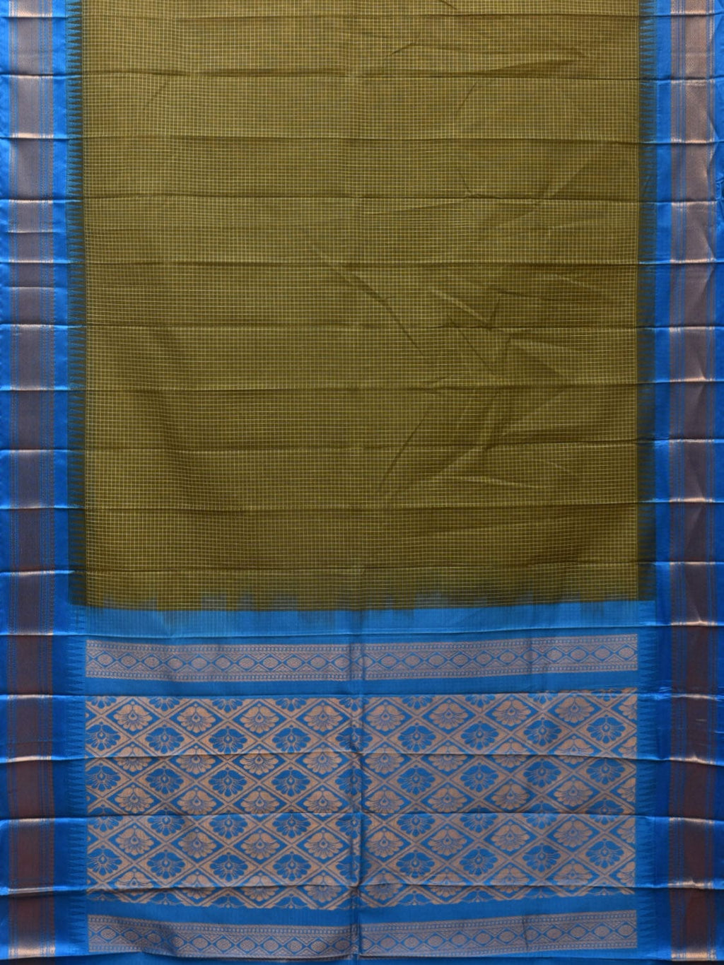 Dark Green and Blue Gadwal Cotton Plain Saree with Checks and Pallu Design No Blouse - Global Threads | Grocsy