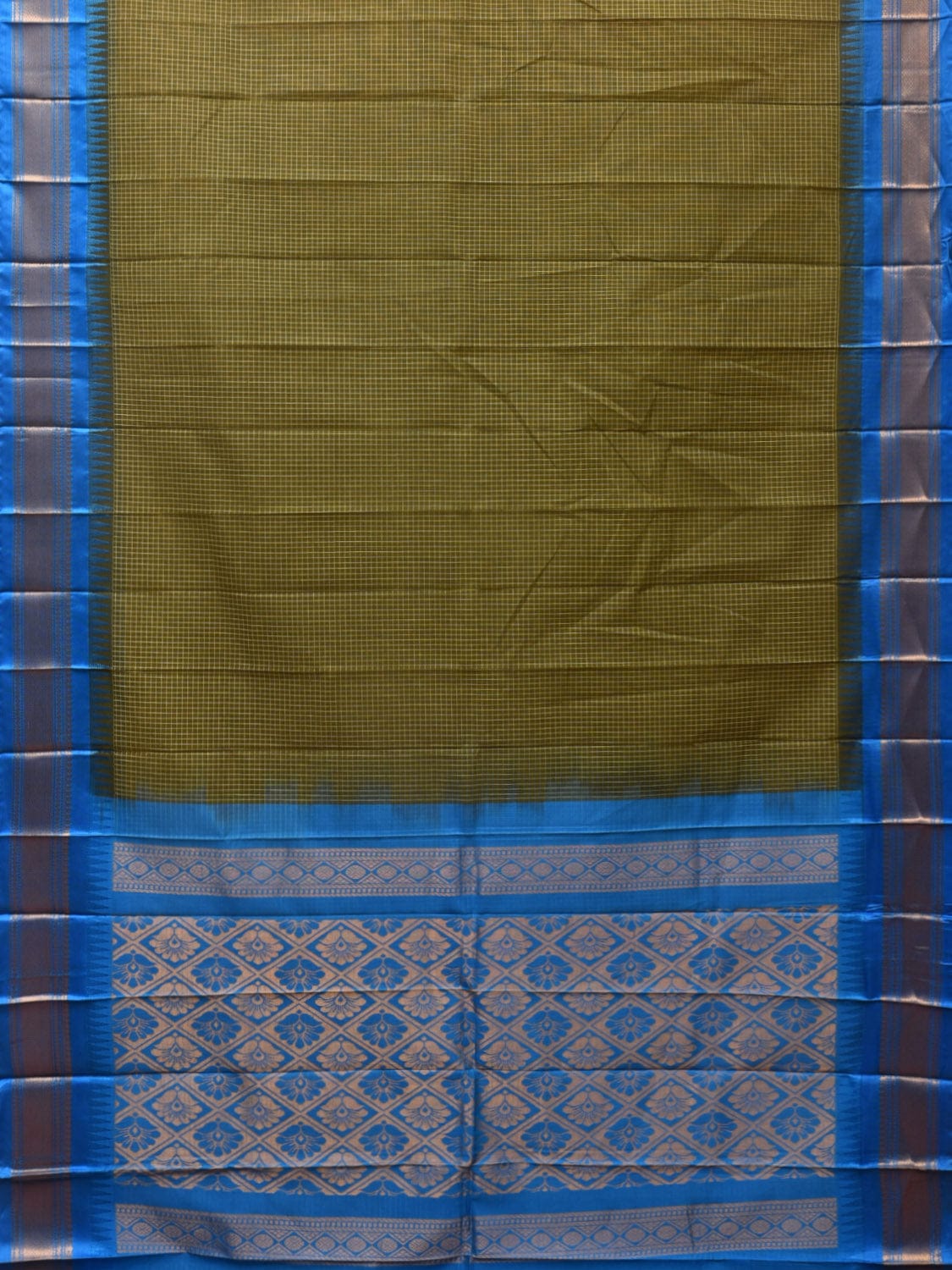 Dark Green and Blue Gadwal Cotton Plain Saree with Checks and Pallu Design No Blouse - Global Threads | Grocsy