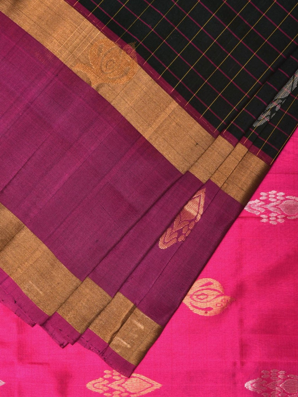 Dark Green and Purple Uppada Silk Handloom Saree with Checks and Body Buta Design - Global Threads | Grocsy