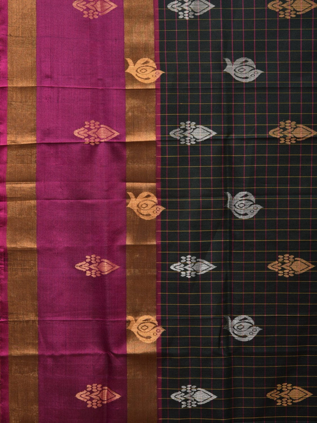 Dark Green and Purple Uppada Silk Handloom Saree with Checks and Body Buta Design - Global Threads | Grocsy