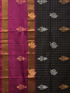 Dark Green and Purple Uppada Silk Handloom Saree with Checks and Body Buta Design - Global Threads | Grocsy