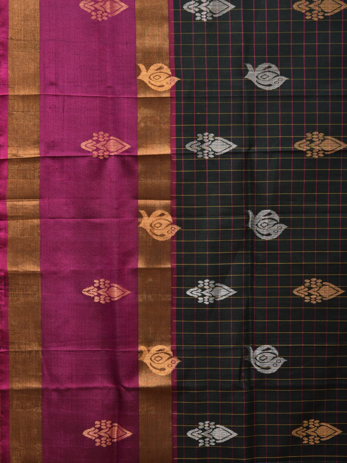 Dark Green and Purple Uppada Silk Handloom Saree with Checks and Body Buta Design - Global Threads | Grocsy