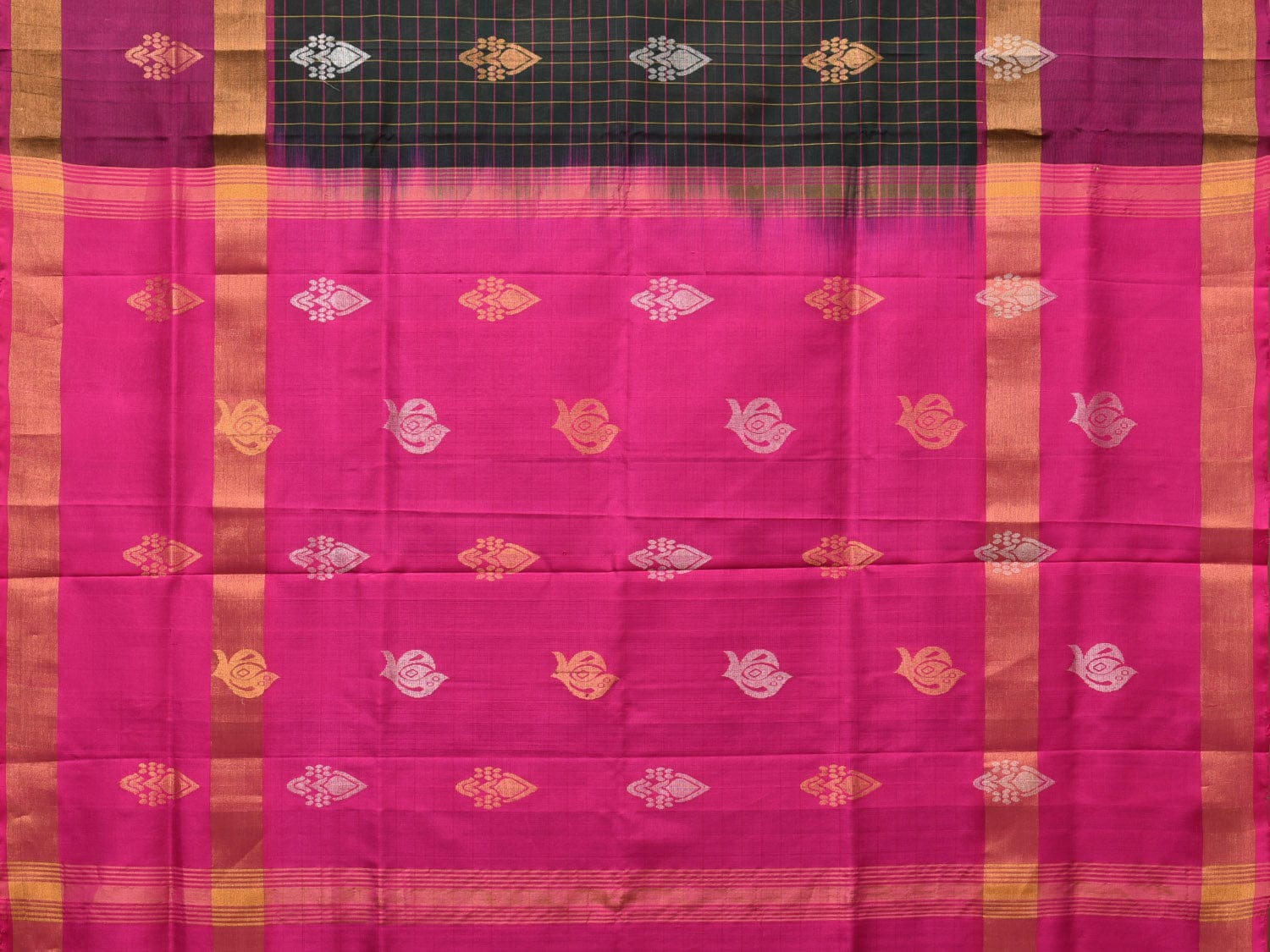 Dark Green and Purple Uppada Silk Handloom Saree with Checks and Body Buta Design - Global Threads | Grocsy