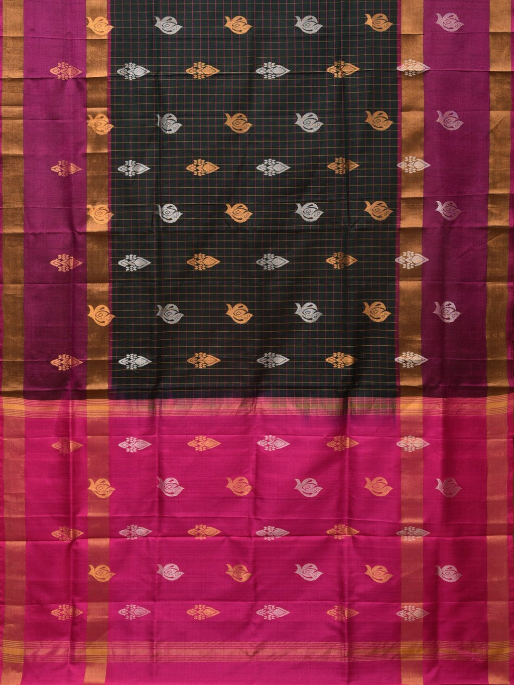 Dark Green and Purple Uppada Silk Handloom Saree with Checks and Body Buta Design - Global Threads | Grocsy