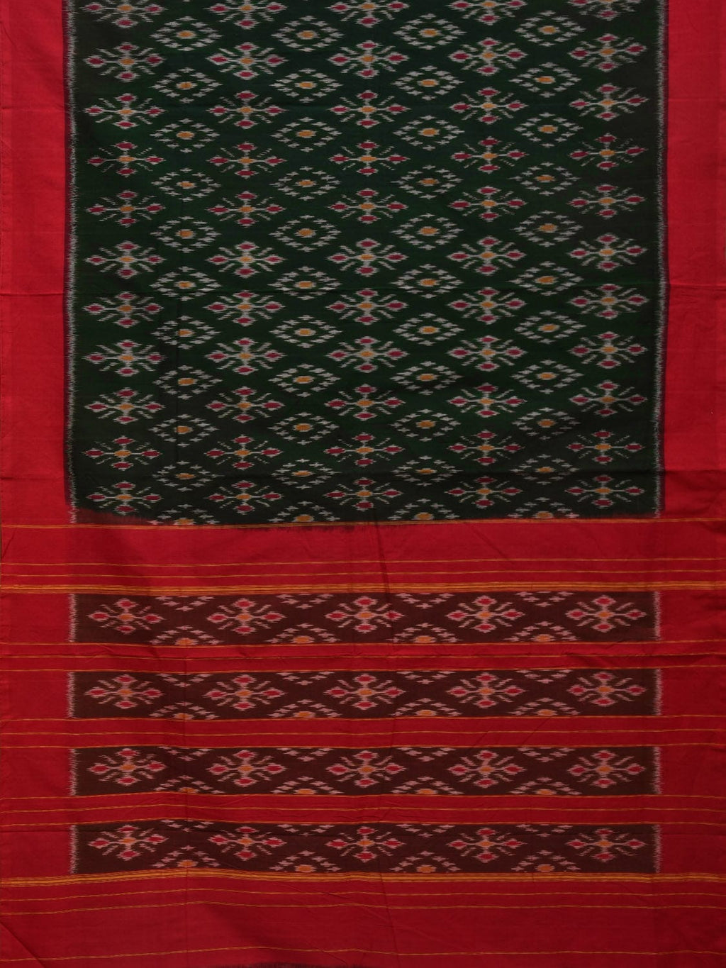 Dark Green and Red Pochampally Ikat Cotton Handloom Saree with All Over Design - Global Threads | Grocsy