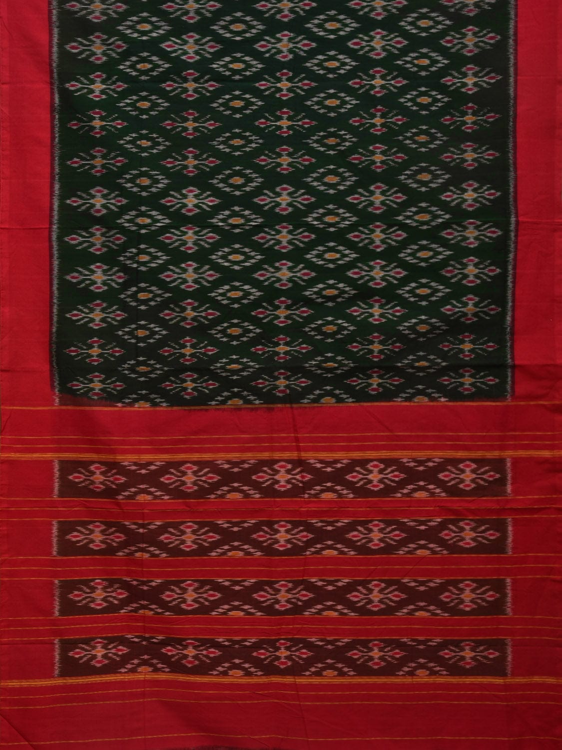 Dark Green and Red Pochampally Ikat Cotton Handloom Saree with All Over Design - Global Threads | Grocsy