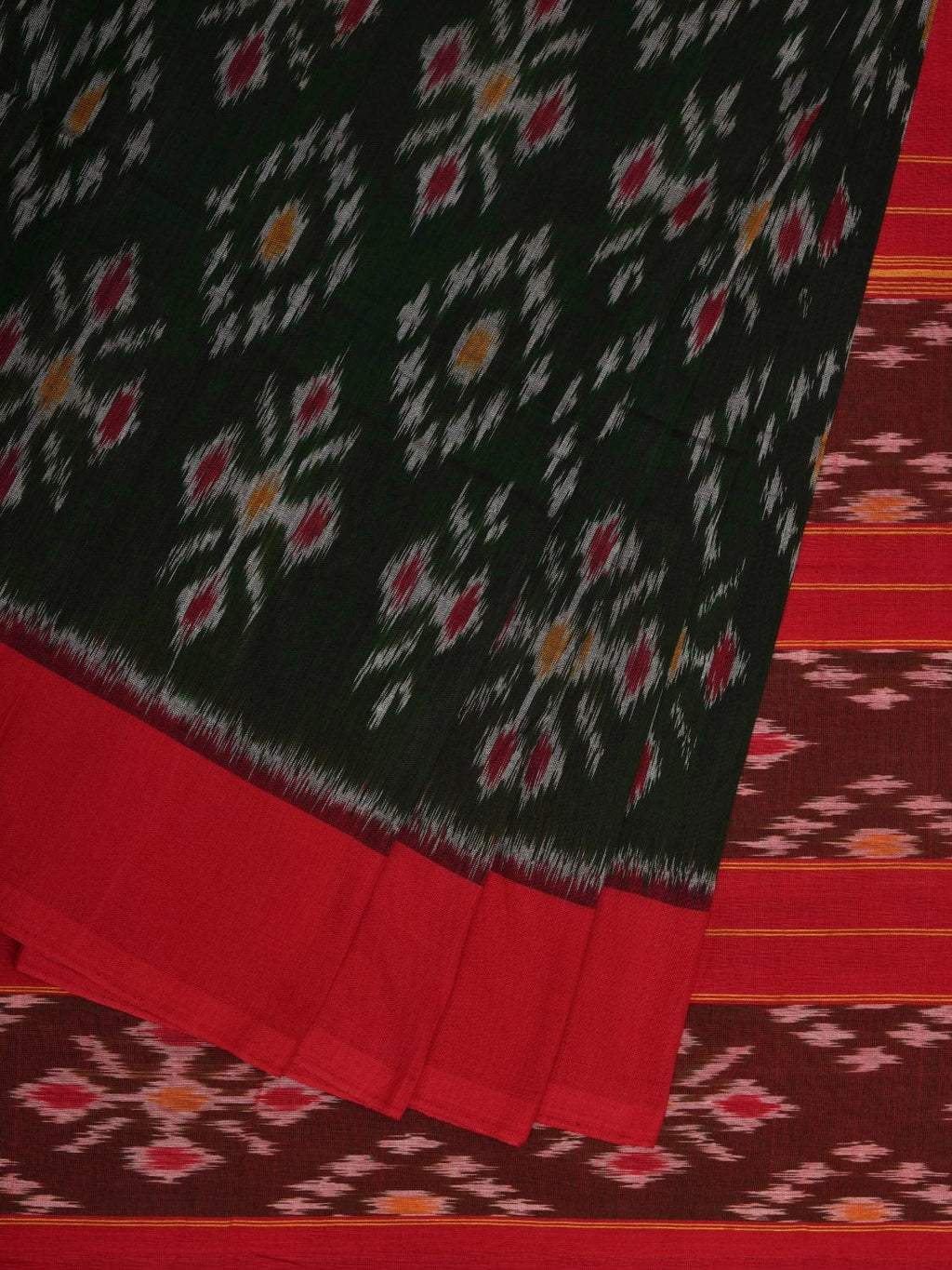 Dark Green and Red Pochampally Ikat Cotton Handloom Saree with All Over Design - Global Threads | Grocsy