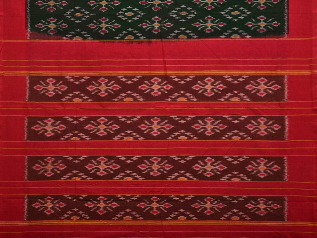 Dark Green and Red Pochampally Ikat Cotton Handloom Saree with All Over Design - Global Threads | Grocsy