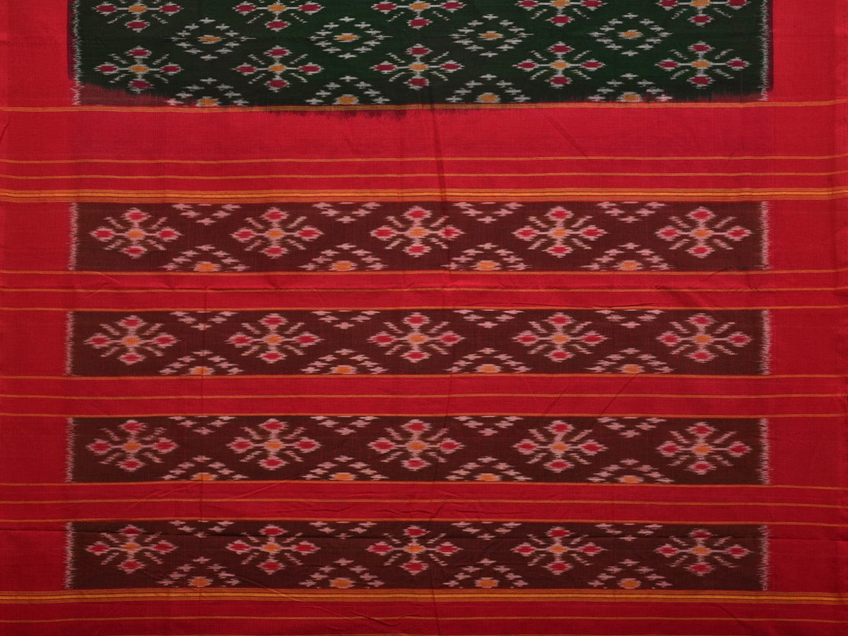 Dark Green and Red Pochampally Ikat Cotton Handloom Saree with All Over Design - Global Threads | Grocsy