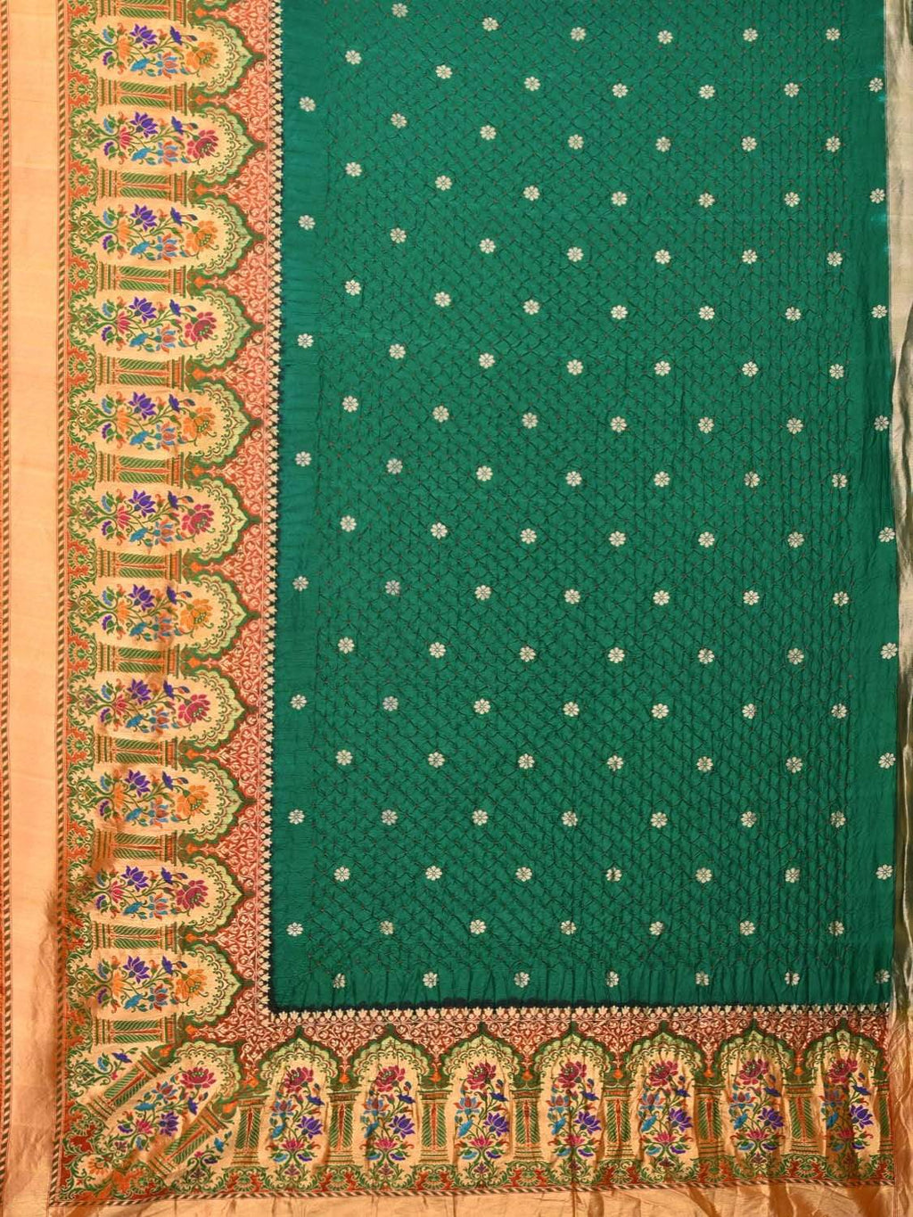 Dark Green Bandhani Paithani Silk Handloom Saree with One Side Border Design - Global Threads | Grocsy