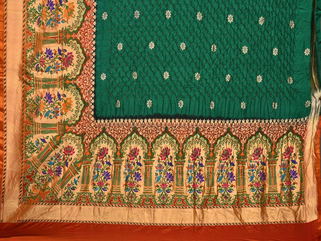 Dark Green Bandhani Paithani Silk Handloom Saree with One Side Border Design - Global Threads | Grocsy