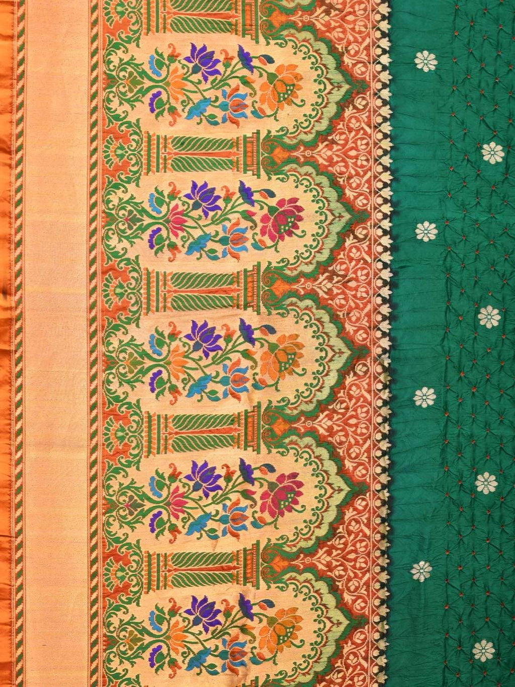 Dark Green Bandhani Paithani Silk Handloom Saree with One Side Border Design - Global Threads | Grocsy