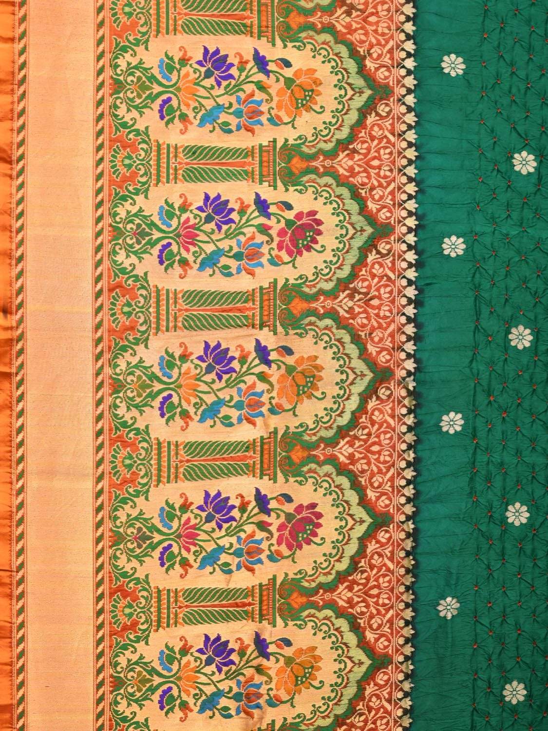 Dark Green Bandhani Paithani Silk Handloom Saree with One Side Border Design - Global Threads | Grocsy