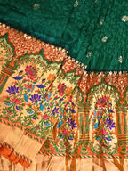 Dark Green Bandhani Paithani Silk Handloom Saree with One Side Border Design - Global Threads | Grocsy