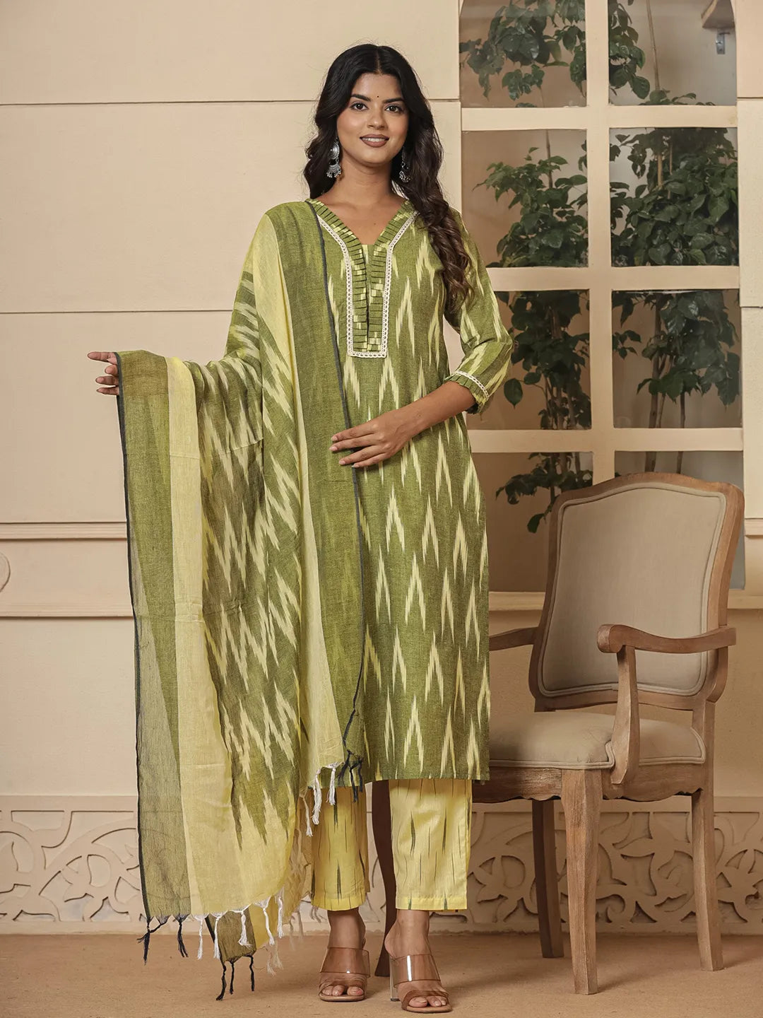 Yufta Dark Green Ikat Print Straight Strappy Kurta Trouser And Dupatta Set | Grocsy