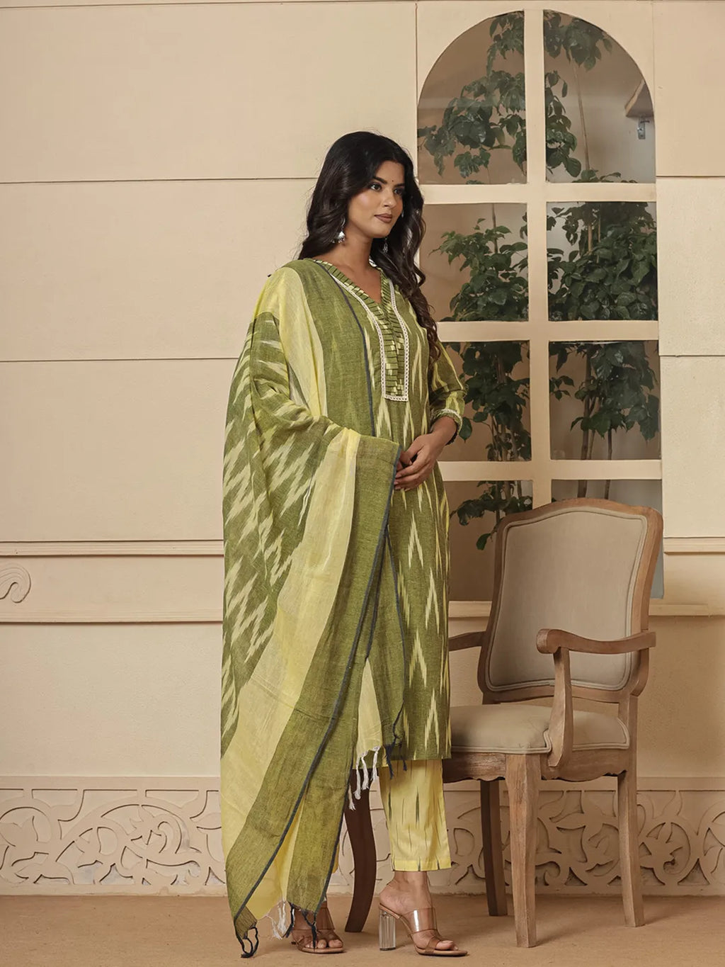 Yufta Dark Green Ikat Print Straight Strappy Kurta Trouser And Dupatta Set | Grocsy