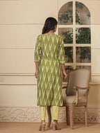 Yufta Dark Green Ikat Print Straight Strappy Kurta Trouser And Dupatta Set | Grocsy