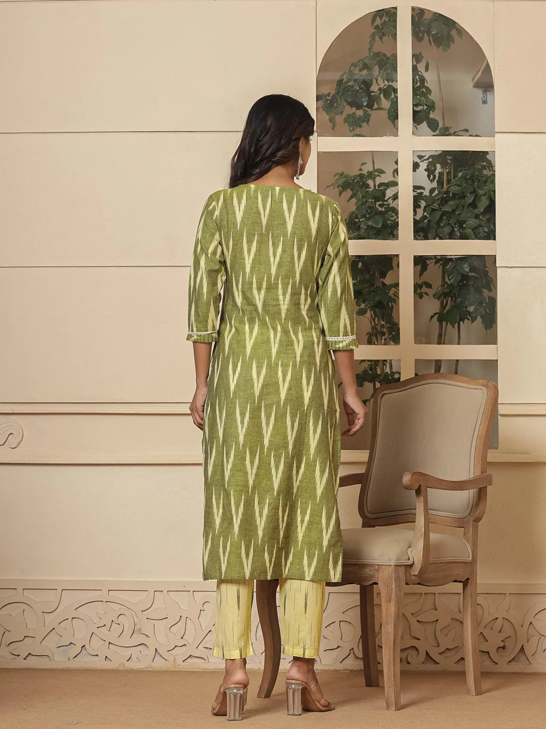 Yufta Dark Green Ikat Print Straight Strappy Kurta Trouser And Dupatta Set | Grocsy