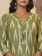 Yufta Dark Green Ikat Print Straight Strappy Kurta Trouser And Dupatta Set | Grocsy